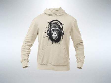 Beiger Herren-Hoodie mit individuellem Gorilla-Motiv und Kopfhörern, gestaltbar bei Nerd Merch