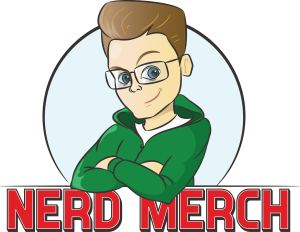 Logo von NerdMerch mit einem stilisierten Cartoon-Nerd in einem grünen Hoodie und Brille