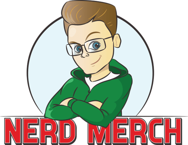 Nerd Merch Logo mit einem Cartoon-Charakter in einem grünen Hoodie und Brille.